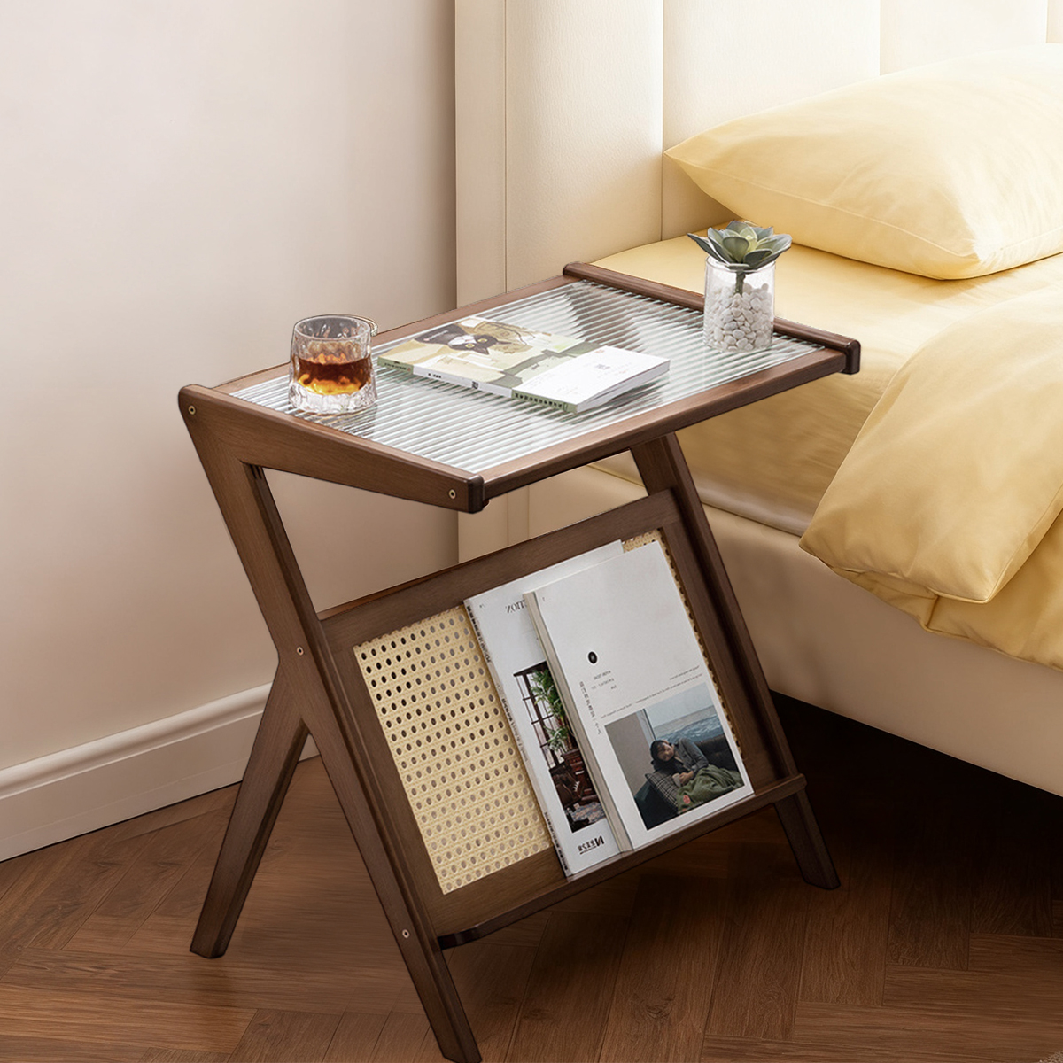 Desktop Organizer Bamboo - Mid-Century Boho Rattan Bamboo Storage Side/Table