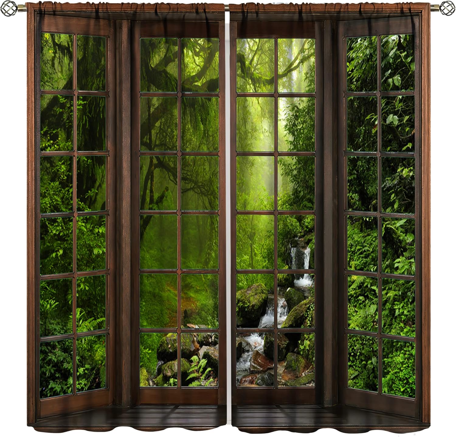 Home Office With View - Forest Waterfall Window View Curtains Green