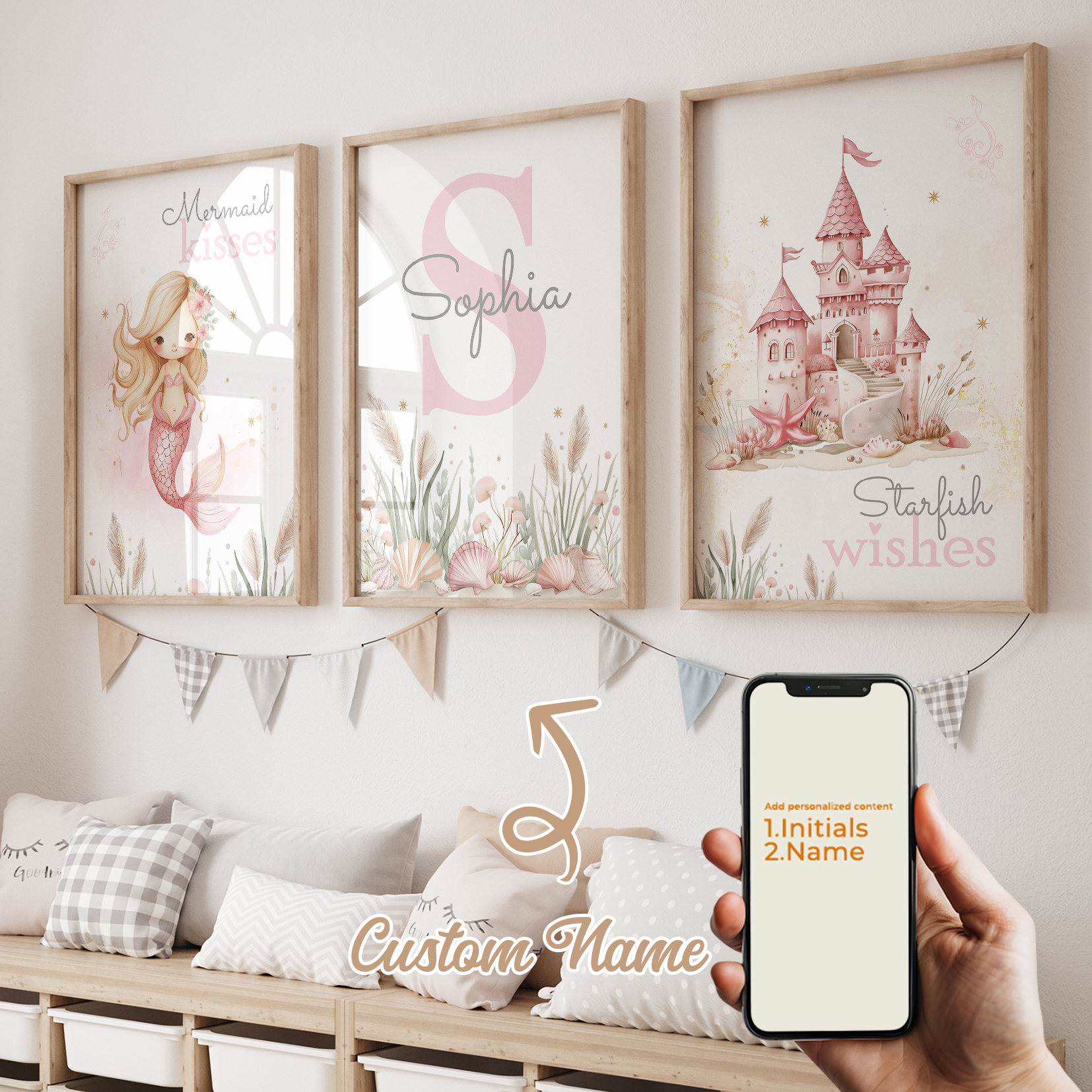 Home Office Art - 3pcs Personalized Custom Name Cartoon Mermaid