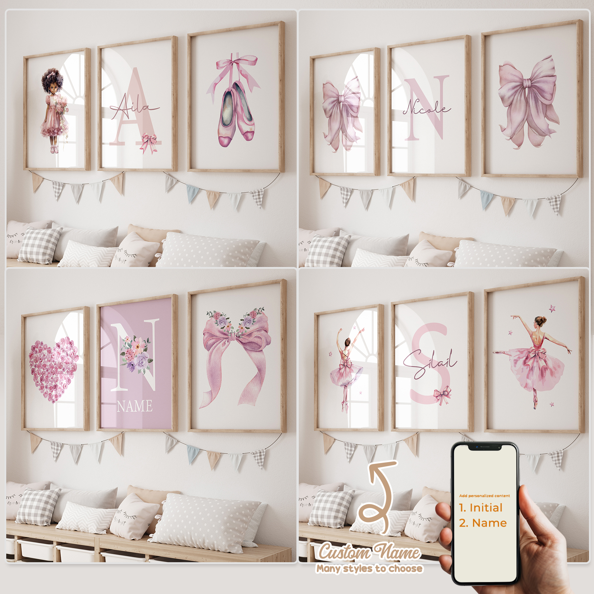 Home Office Art - 3pcs Personalized Custom Name Cartoon Child