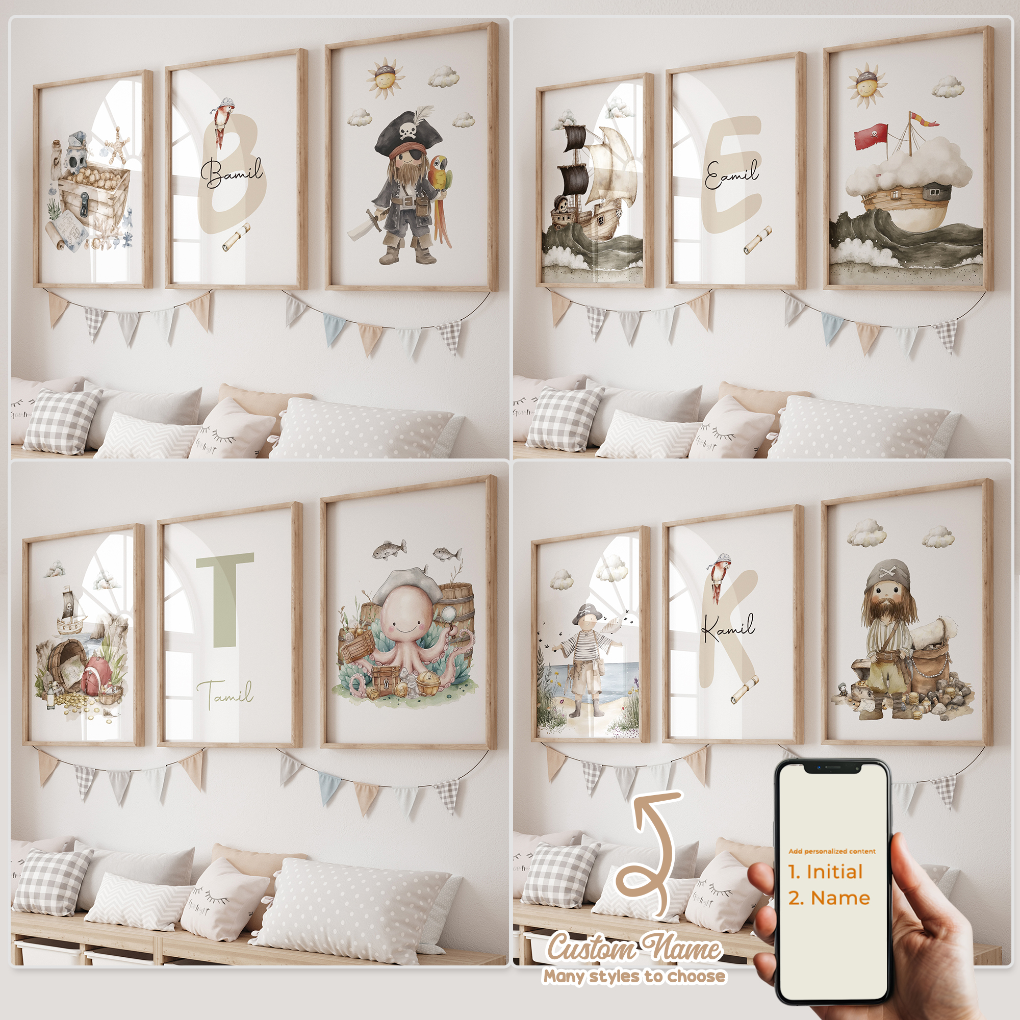 Home Office Art - 3pcs Personalized Custom Name Cartoon Child