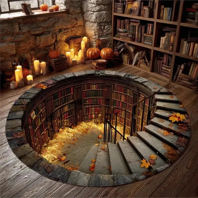3D Illusion round Area Rug Lib - Home Office Library avaliação e preço