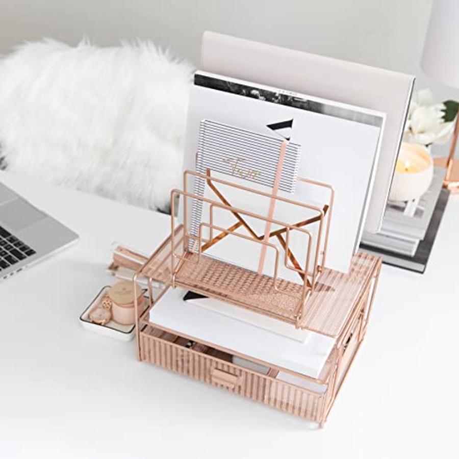 Rose Gold Desk Organizer with  - Desktop Organizer Bamboo avaliação e preço