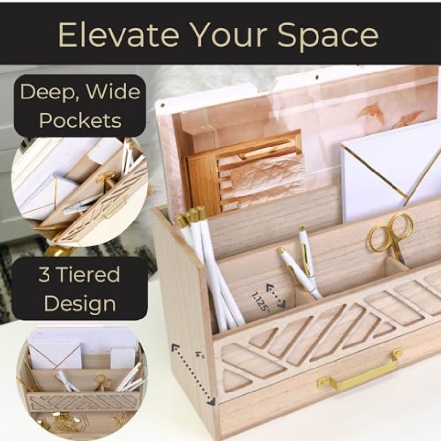 en Mail Organizer with Drawer  - Desktop Organizer Bamboo avaliação e preço